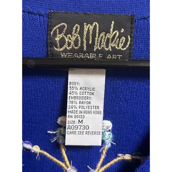 vintage Bob Mackie Wearable Art Blue Embroidered Feather Bead Cardigan Sweater M - Picture 2 of 5